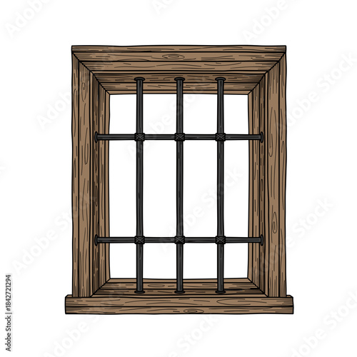 Illustration of barred window with rustic wooden frame and black metal bars for security concept