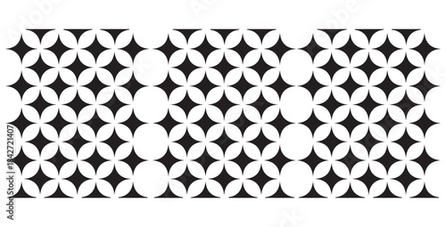 Seamless black and white geometric pattern featuring repeating quatrefoil shapes creating a decorative background texture