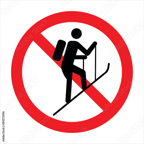 Ski tourer in red circle with diagonal line indicating a prohibited activity