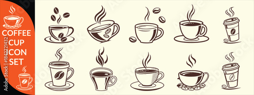 Coffee cup icon. Set of vector cups with coffee. Coffee cup big set design.