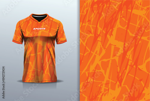 T-shirt mockup abstract texture grunge texture sport jersey design for football, soccer, racing, esports, running, orange yellow color