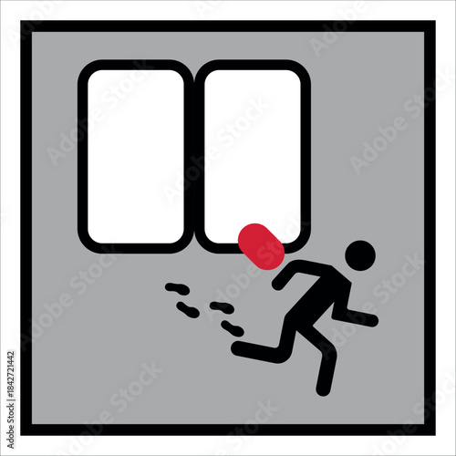 Pictogram of a stick figure vandal escaping a building after throwing an object through a window