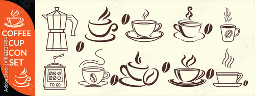 Coffee cup icon. Set of vector cups with coffee. Coffee cup big set design.
