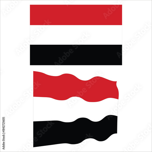 Yemen national flag displaying red, white, and black stripes in flat and waving styles