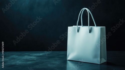 A minimalist white shopping bag on a dark surface with dramatic lighting