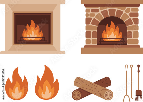Flat fireplace illustration set, cozy home heating elements, burning fire flames, stone and modern hearth, logs tools vector design