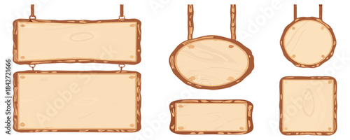 Cartoon wood signs with natural grain lines, thick carved borders, soft shading, and multiple geometric shapes