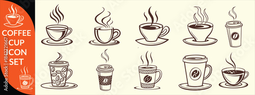Coffee cup icon. Set of vector cups with coffee. Coffee cup big set design.