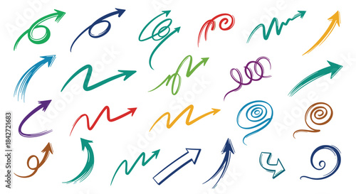 A diverse collection of colorful hand-drawn arrow illustrations with textured brush strokes, ideal for graphic design.