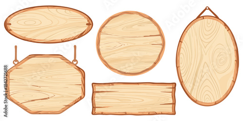 Children’s book style wooden signs with simple grain details, round and angular shapes, warm earthy tones.