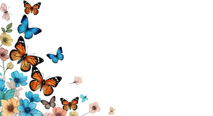 Beautiful monarch and blue butterflies fly among colorful flowers in a spring border design