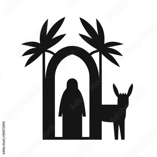A stylized silhouette icon of a religious figure, a donkey, and palm trees in an arched setting
