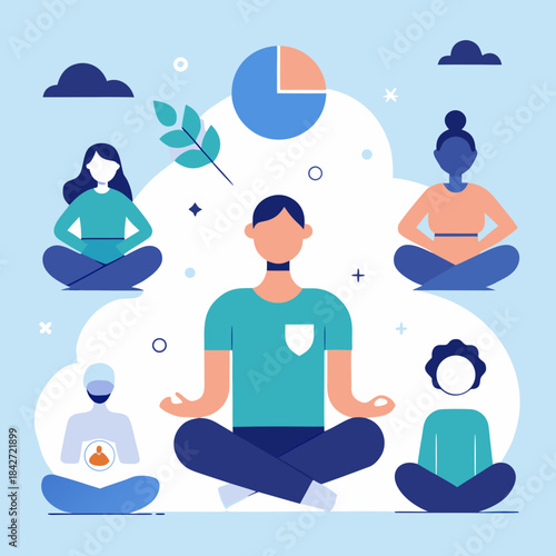 Illustration of multiple individuals practicing meditation for peace and mindfulness