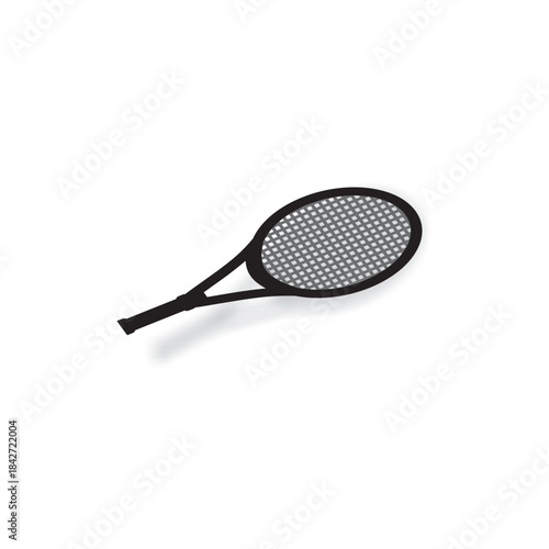 A clean vector illustration of a tennis racket with a subtle shadow on a white background. Ideal for sports-themed designs, equipment icons, recreation graphics, and athletic promotional materials