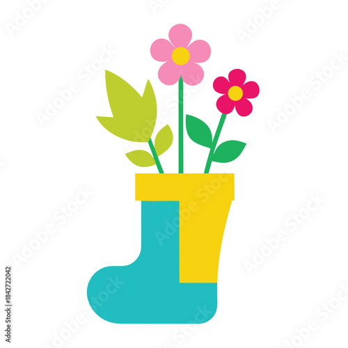 Colorful flowers growing out of a teal and yellow rain boot planter illustration