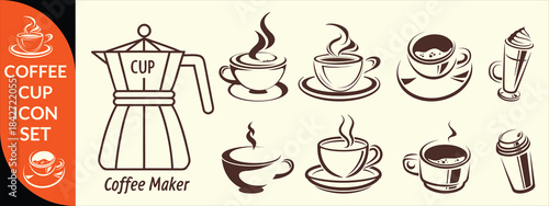 Coffee cup icon. Set of vector cups with coffee. Coffee cup big set design.