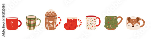 Cute Christmas mug set with festive holiday designs. Cozy winter cups decorated with candy cane, gingerbread house. 