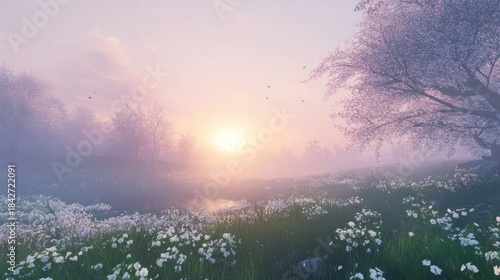 A misty sunrise over a blooming meadow, capturing the soft light and tranquility in early morning.