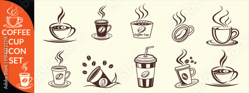 Coffee cup icon. Set of vector cups with coffee. Coffee cup big set design.