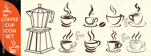 Coffee cup icon. Set of vector cups with coffee. Coffee cup big set design.