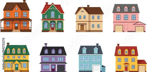 Flat vector illustration set of eight different colorful, modern, and traditional residential houses with multiple stories and garages