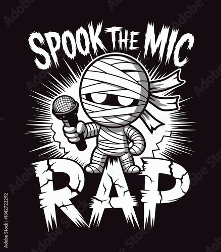 Cartoon Mummy Rapper with Mic - Halloween Spooky Music Character Art t-shirt design