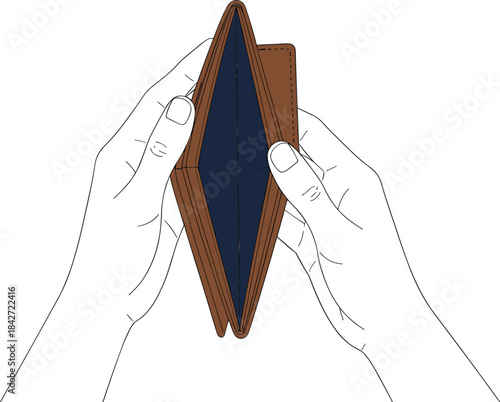 Line art vector illustration of two hands opening and showing an empty leather wallet, symbolizing debt, bankruptcy, and financial problems