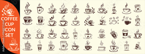 Coffee cup icon. Set of vector cups with coffee. Coffee cup big set design.