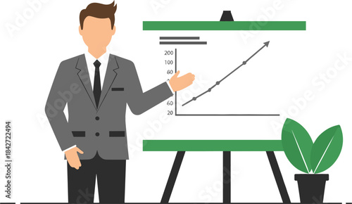 Flat vector illustration of a professional businessman in a suit giving a financial presentation next to a whiteboard with an upward trending chart