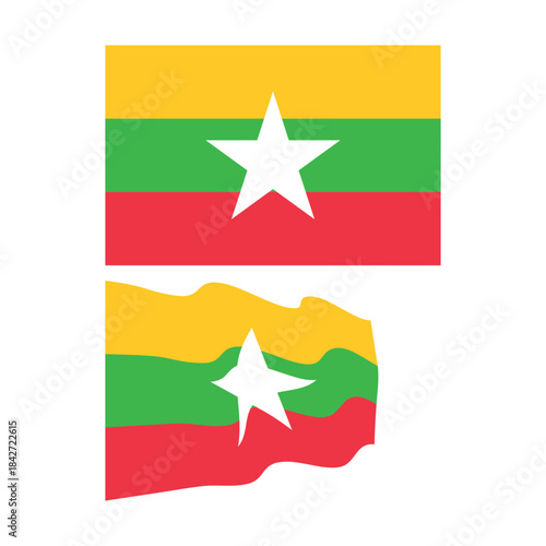 Myanmar national flag, also known as burma, with solid and waving styles, representing the country