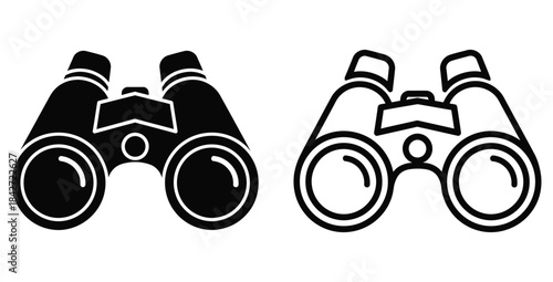 Two simple vector icons representing binoculars in solid black fill and outline styles side by side