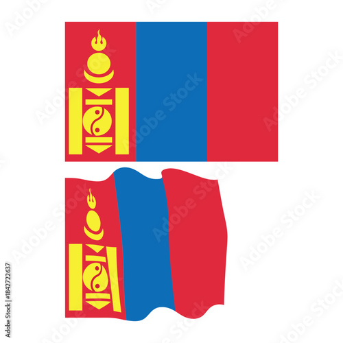 Mongolia national flag with soyombo symbol flat design and waving variation