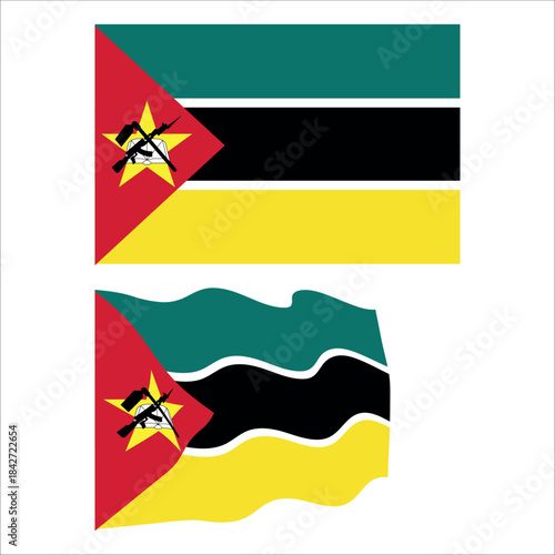 Mozambique national flag standing still and waving in different graphic styles