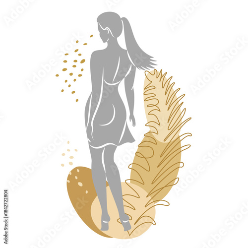 Silhouette of a cute lady and leaves of a plant. The girl is standing. The woman has a beautiful figure. She is young and slim. Vector illustration.
