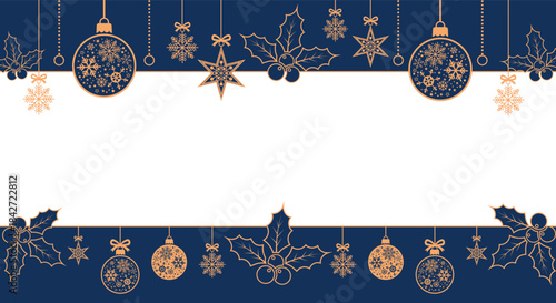 Elegant navy blue Christmas border background with white center space, gold hanging ornaments, snowflakes, stars and holly leaves; festive holiday template for greeting cards, invitations and seasonal