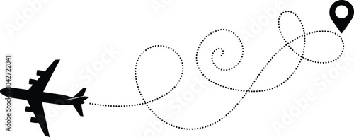 Black silhouette vector illustration of an airplane flying a dotted, loopy path from its origin to a destination pin