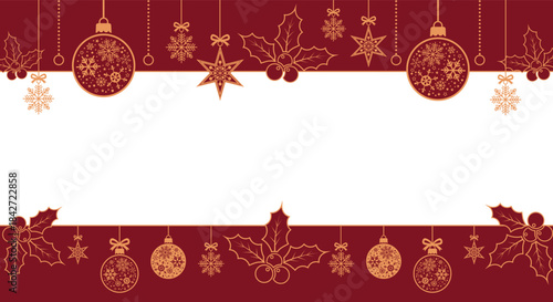 Elegant maroon Christmas border background with white center space, gold hanging ornaments, snowflakes, stars and holly leaves; festive holiday template for greeting cards, invitations and seasonal