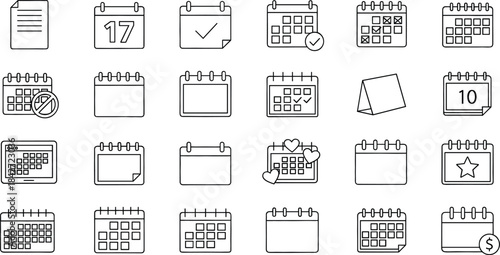 Black and white line art vector icon set collection representing various calendar, time management, scheduling, and planning concepts for web and print
