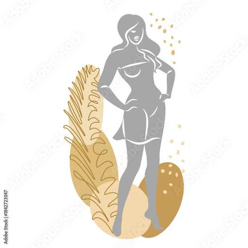 Silhouette of a cute lady and leaves of a plant. The girl is standing. The woman has a beautiful figure. She is young and slim. Vector illustration.