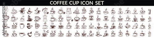 Coffee cup icon. Set of vector cups with coffee. Coffee cup big set design.