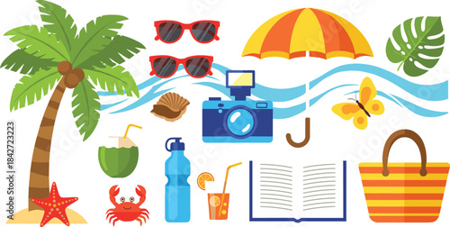 Flat vector illustration set of tropical summer vacation and beach objects including palm tree, sunglasses, camera, coconut drink, and umbrella