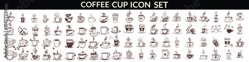 Coffee cup icon. Set of vector cups with coffee. Coffee cup big set design.