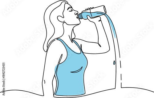 Continuous line drawing vector illustration of a woman drinking water from a plastic bottle to stay hydrated and refreshed