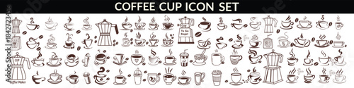 Coffee cup icon. Set of vector cups with coffee. Coffee cup big set design.