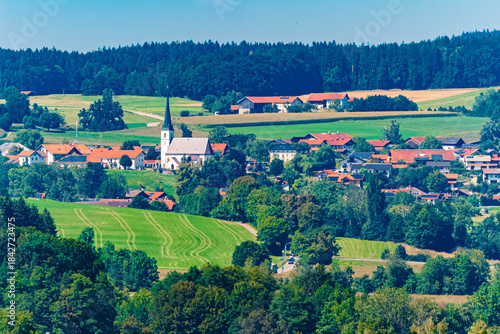 Alpine summer view with a church near Lake Waging, Waging am See, Traunstein, Bavaria, Germany