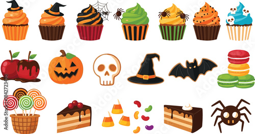 Fun cartoon vector illustration set of Halloween sweets including cupcakes, skull cookies, candy corn, pumpkin treats, and colorful macaron desserts