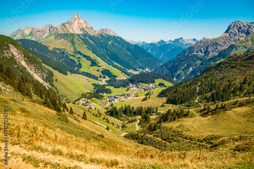 Alpine summer view with Mount Biberkopf in the background seen from Steffisalp, Warth, Bregenz, Vorarlberg, Austria