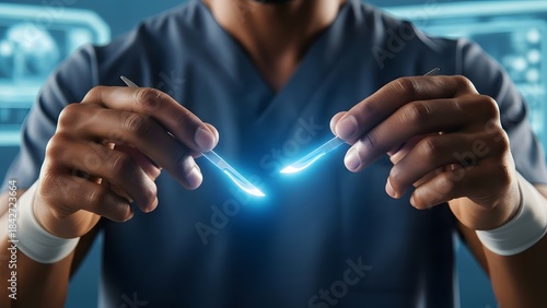 Surgeon in scrubs holding two glowing scalpels ready for an operation