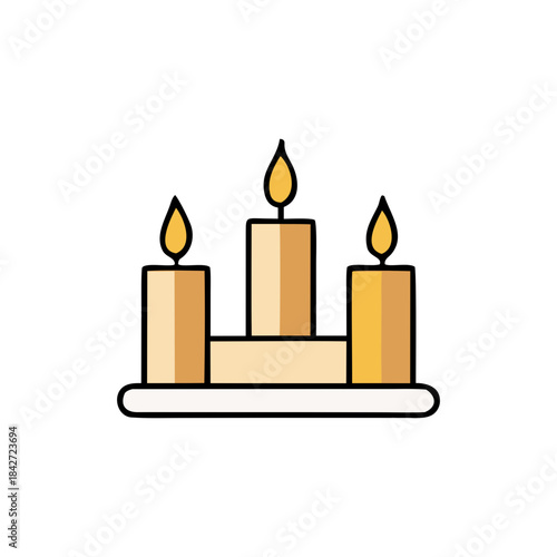 Three lit candles burning brightly on a decorative stand silhouette isolated on white background