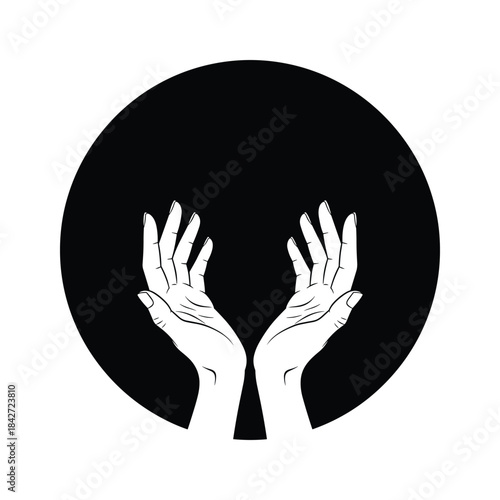 Hands reaching out against a black circle